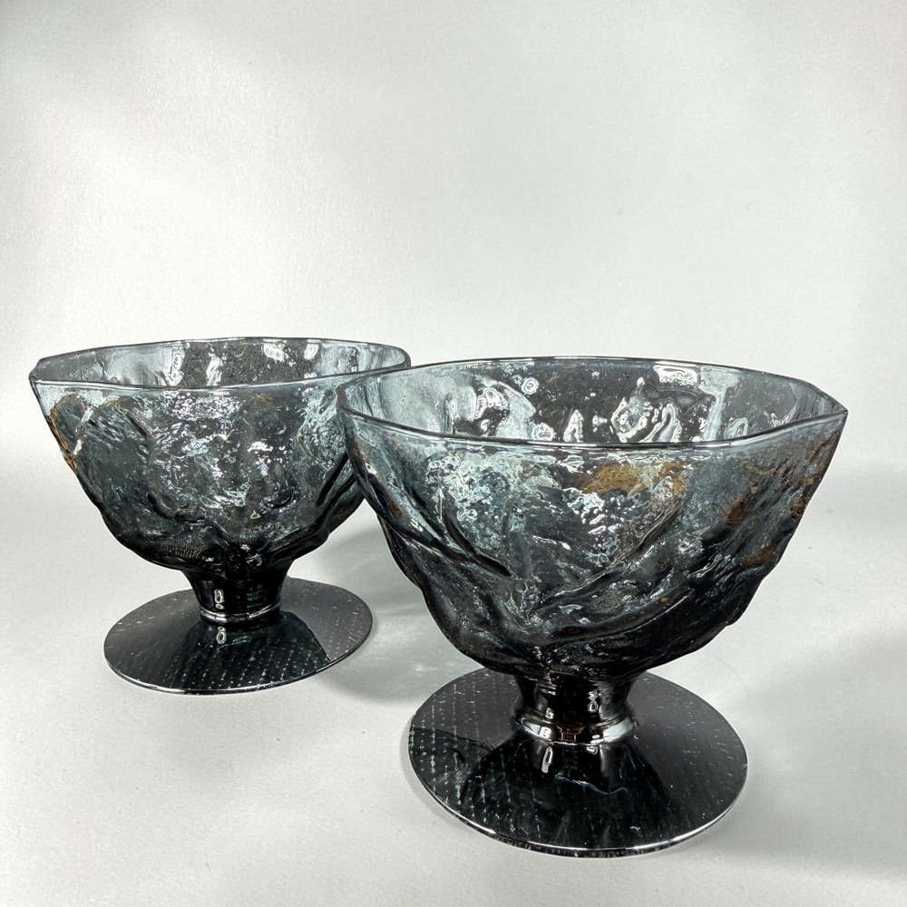 Morgantown Crinkle Glass Driftwood Footed Dessert Bowls Set of 2 Smoky Grey MCM